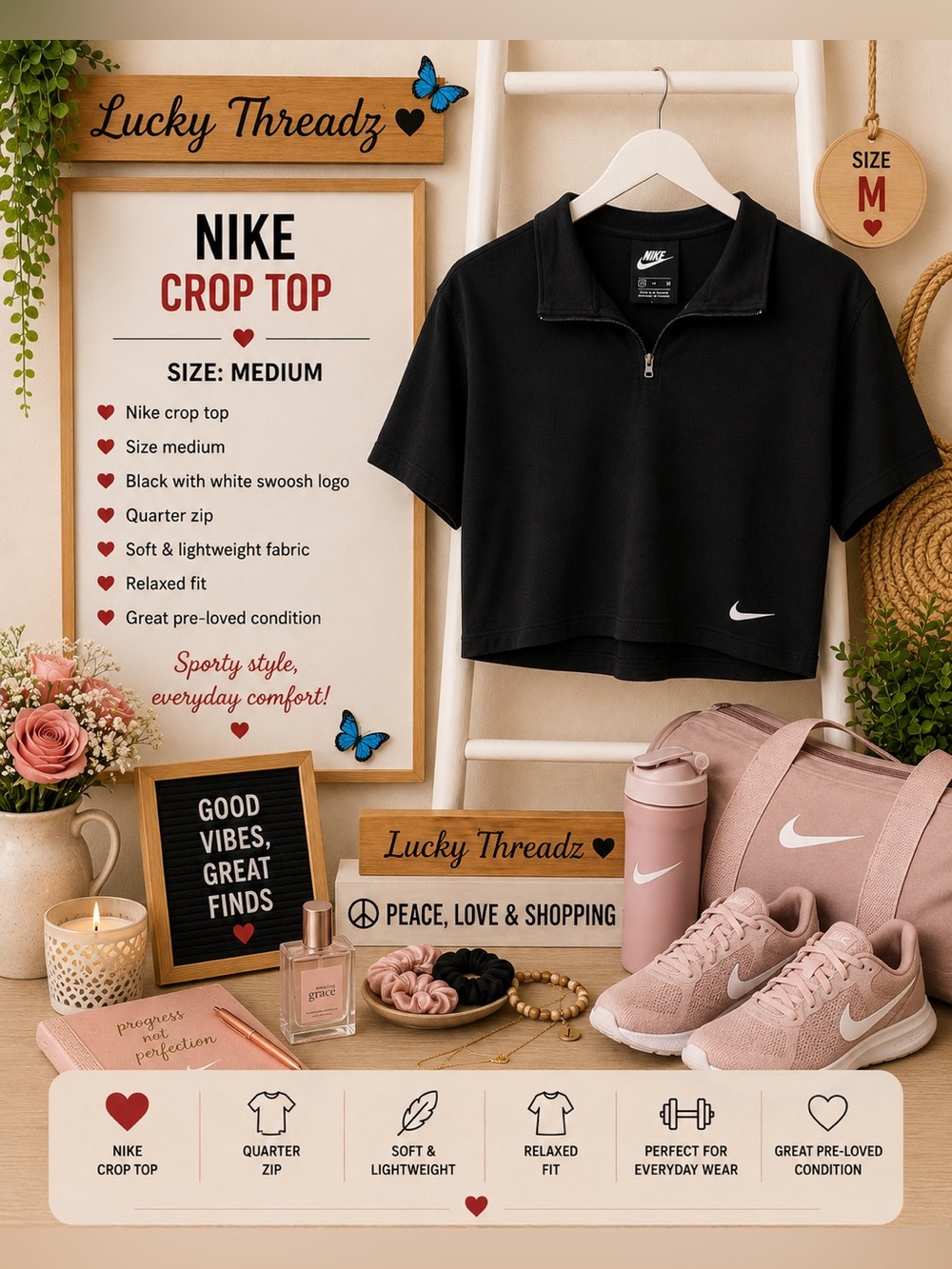 Nike Black Crop Quarter-Zip Top with White Swoosh- Size Medium